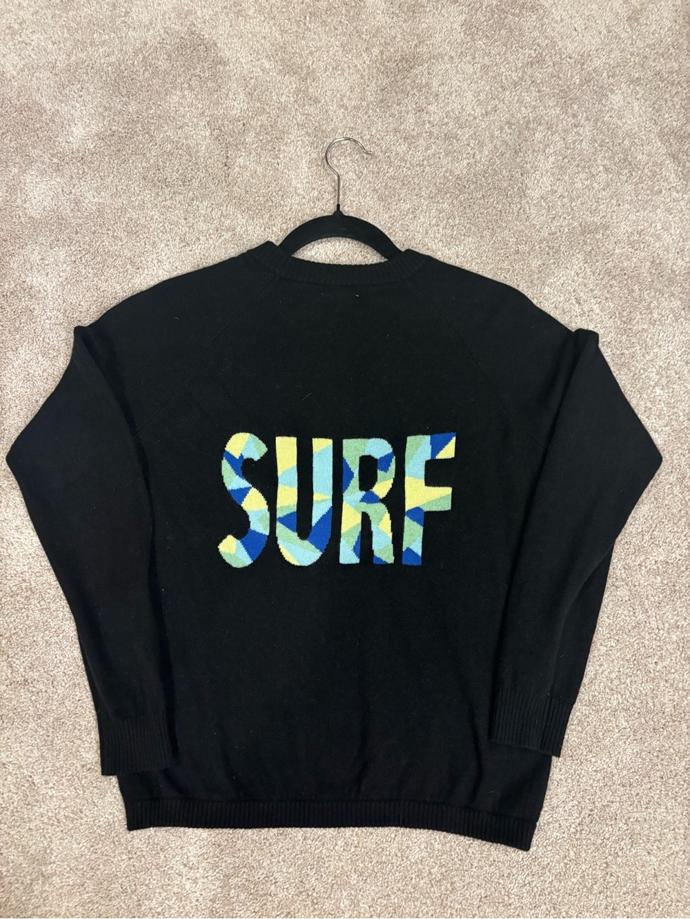 Minnie Rose Black Crewneck Sweater with Blue and Yellow 'SURF' Graphic
